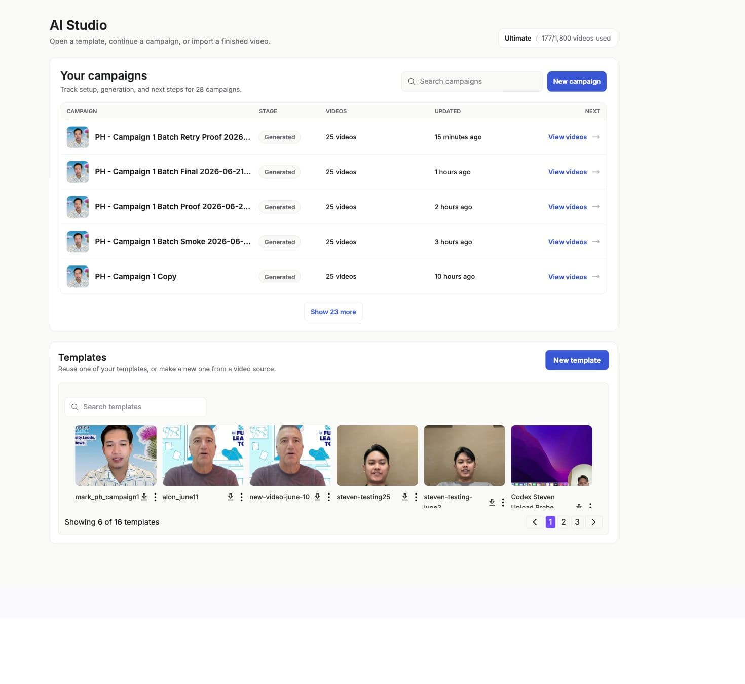 AI Studio dashboard with recent campaigns and workspace templates