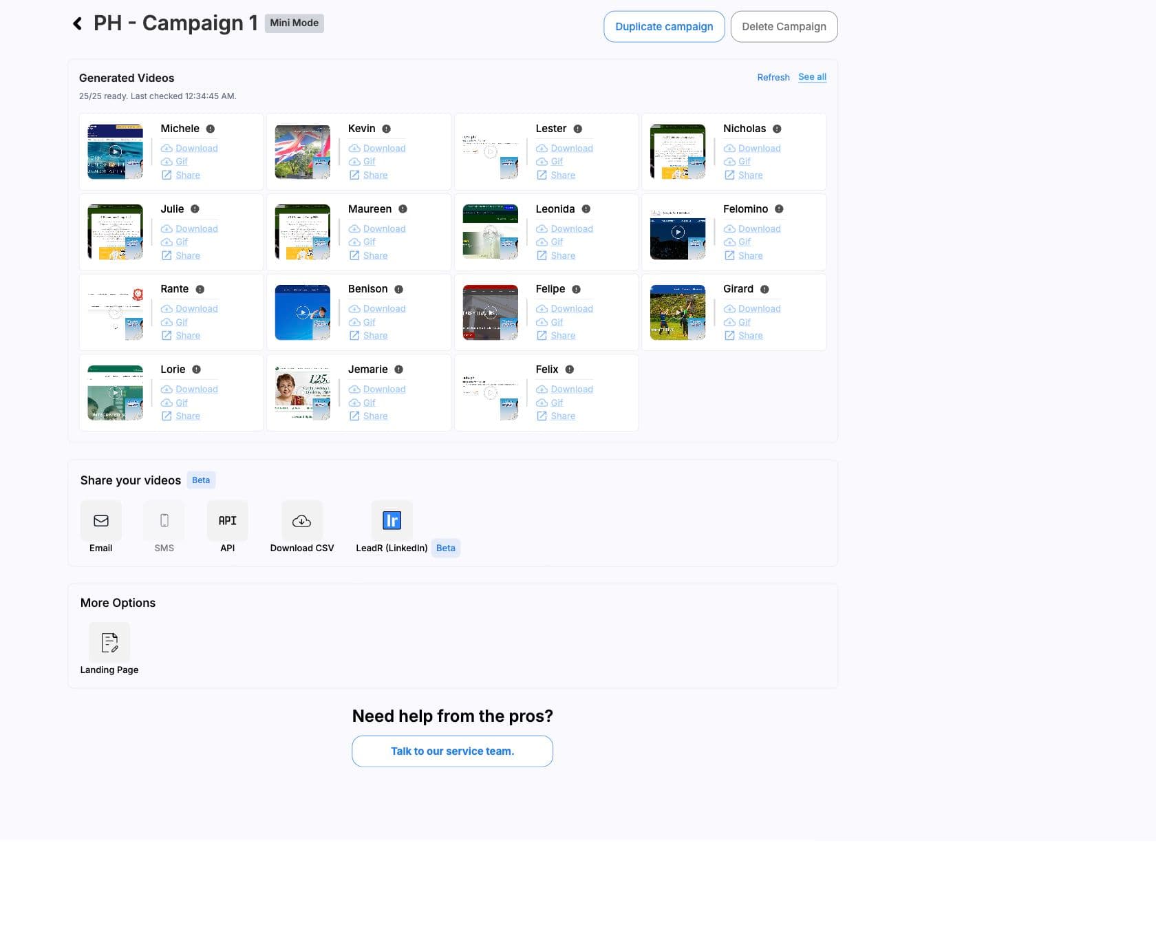 Generated videos page showing campaign render status and share options
