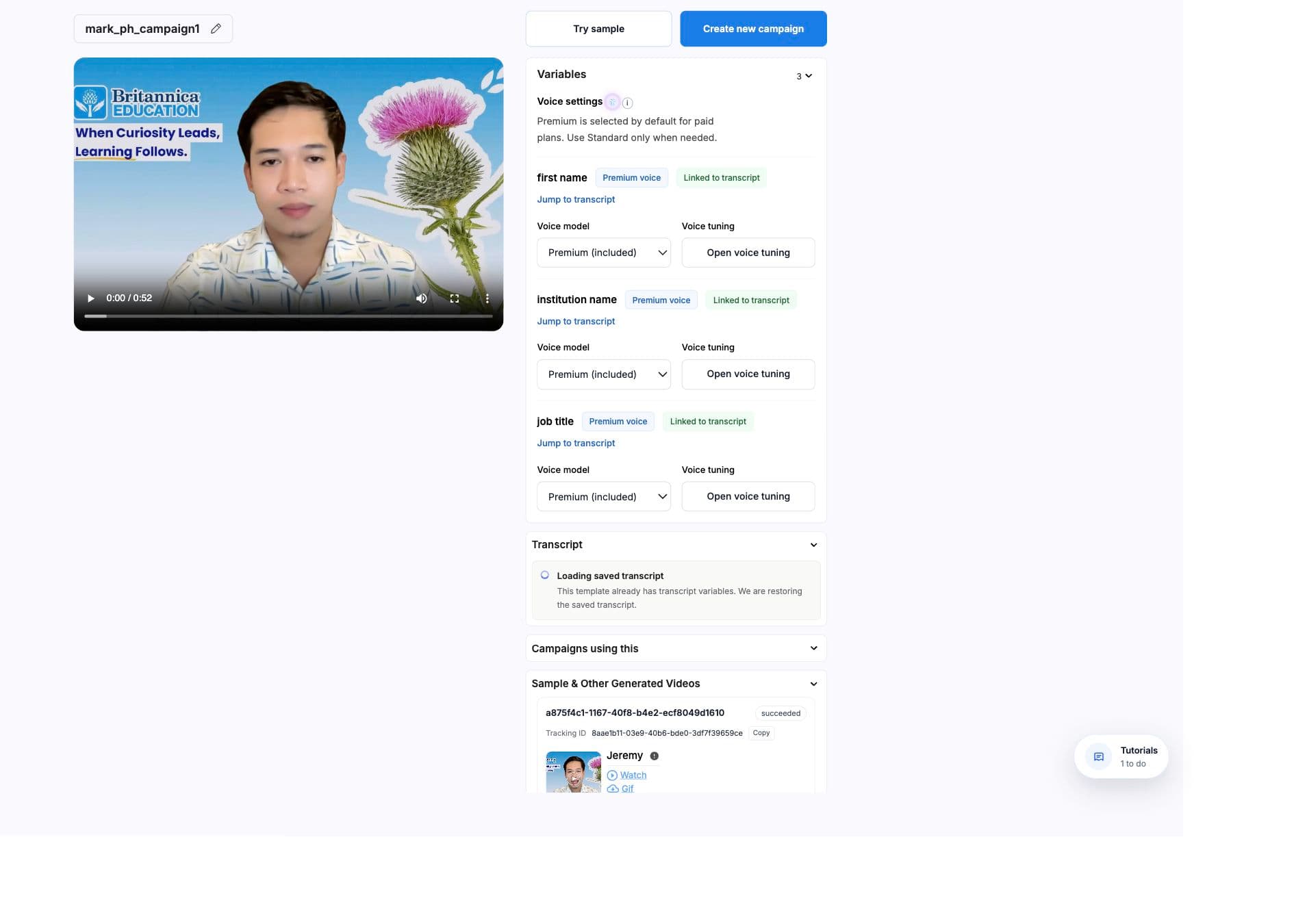 AI Studio template editor with Try sample and generated sample video areas