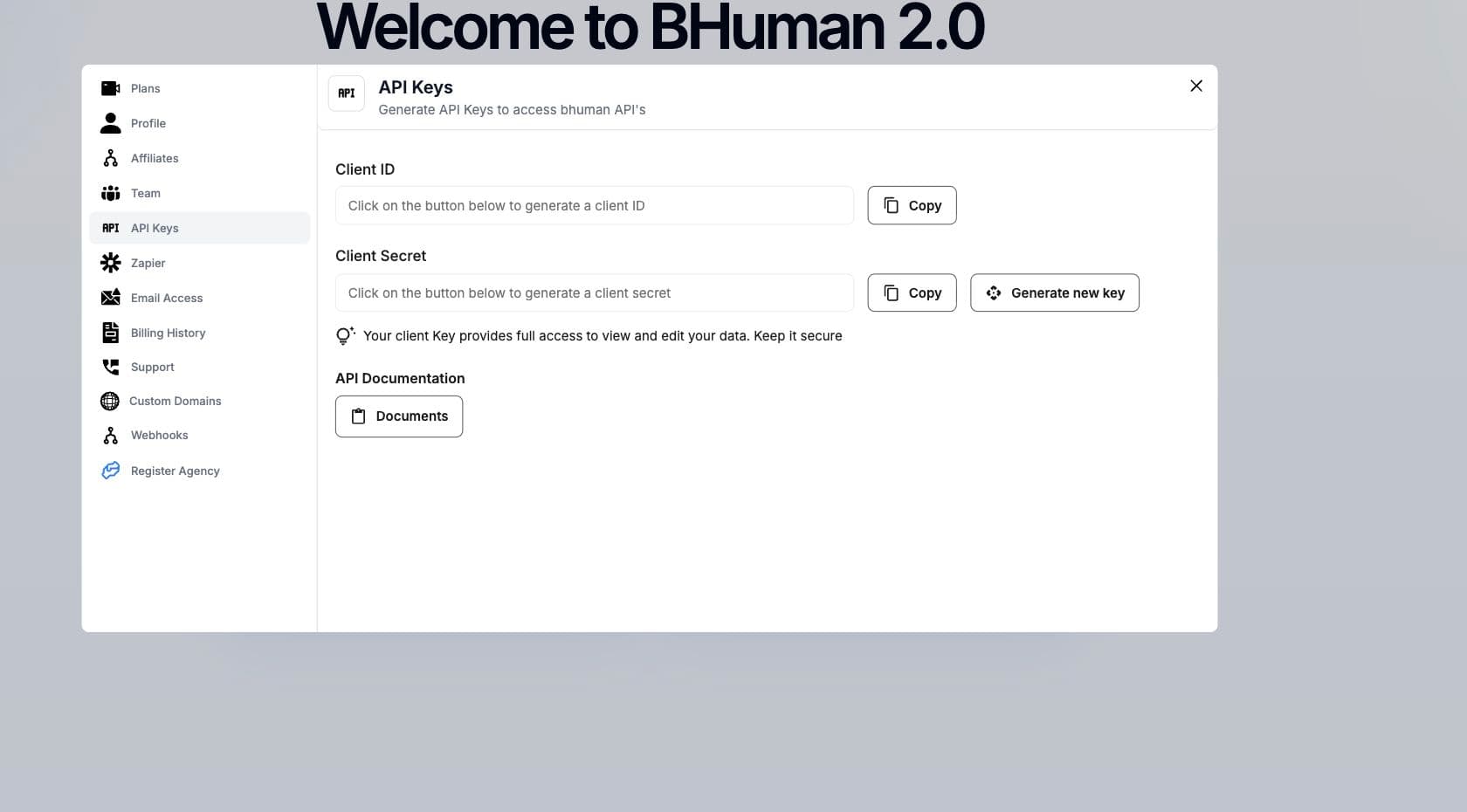 BHuman Settings API Keys screen