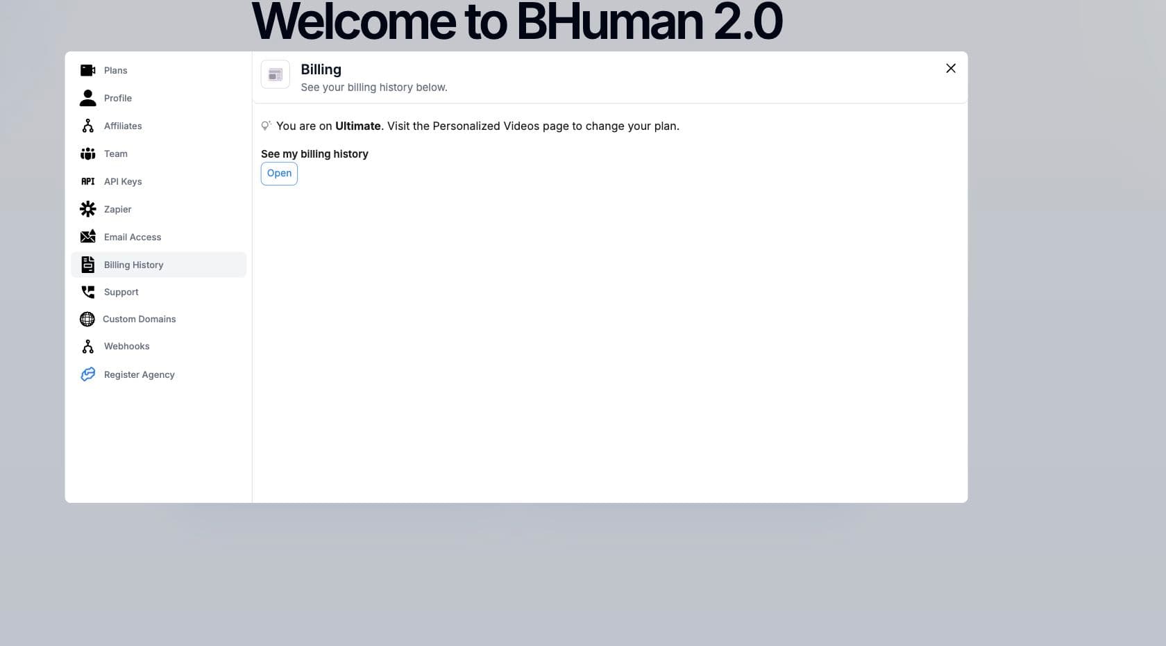 BHuman Settings Billing History screen