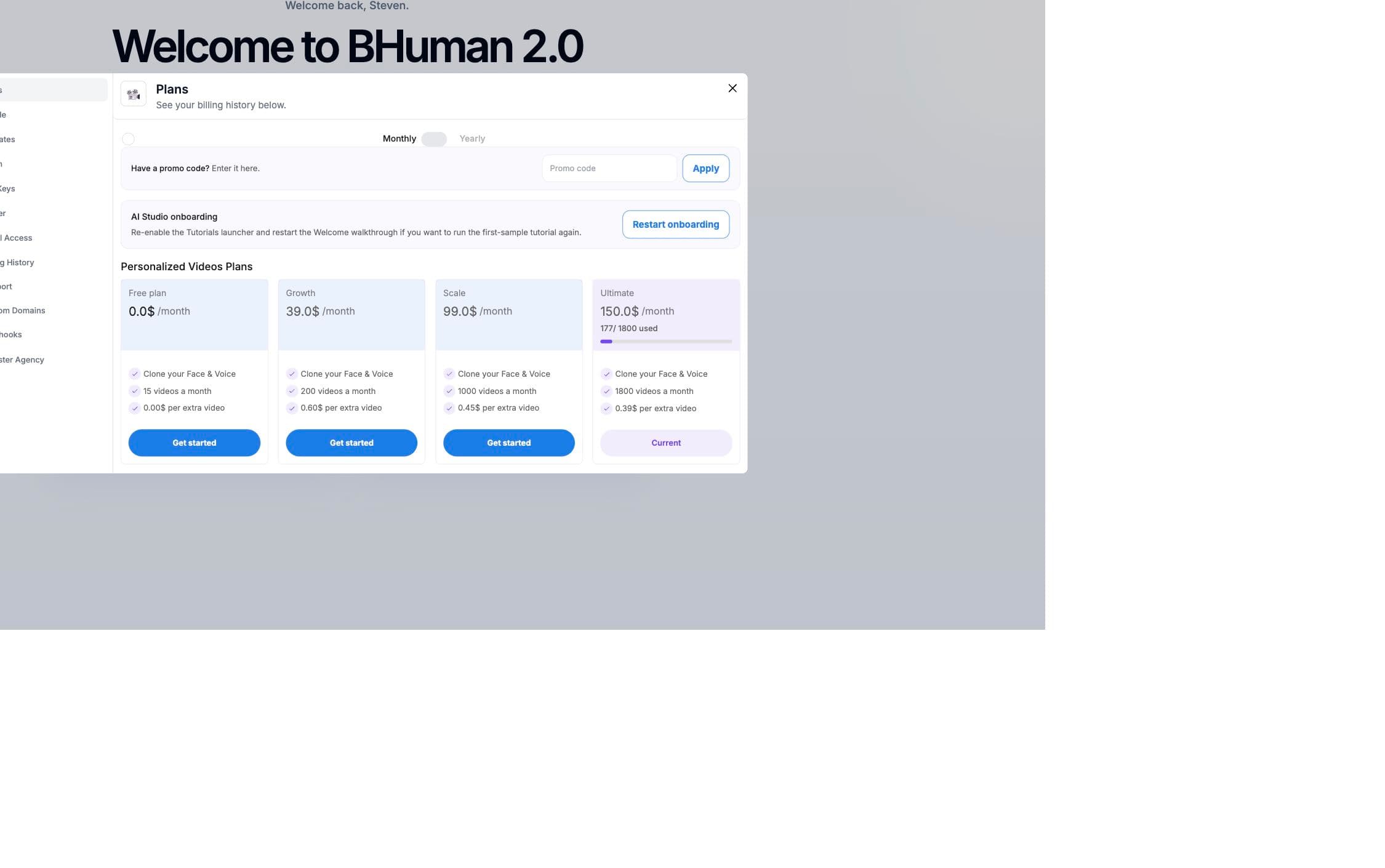 BHuman settings plans and billing panel