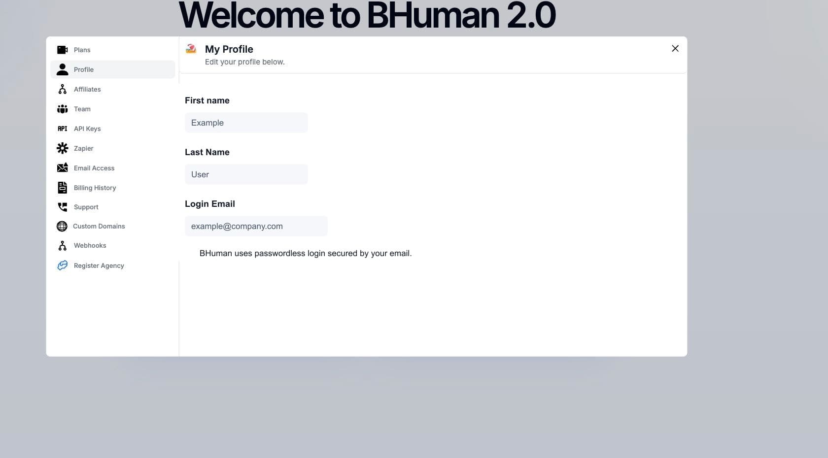 BHuman profile settings panel with example account values