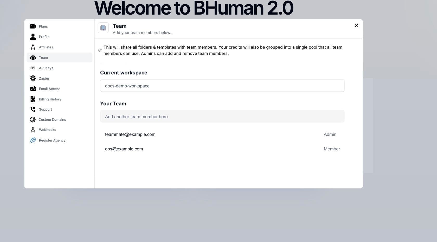 BHuman team workspace settings with workspace selector and member list
