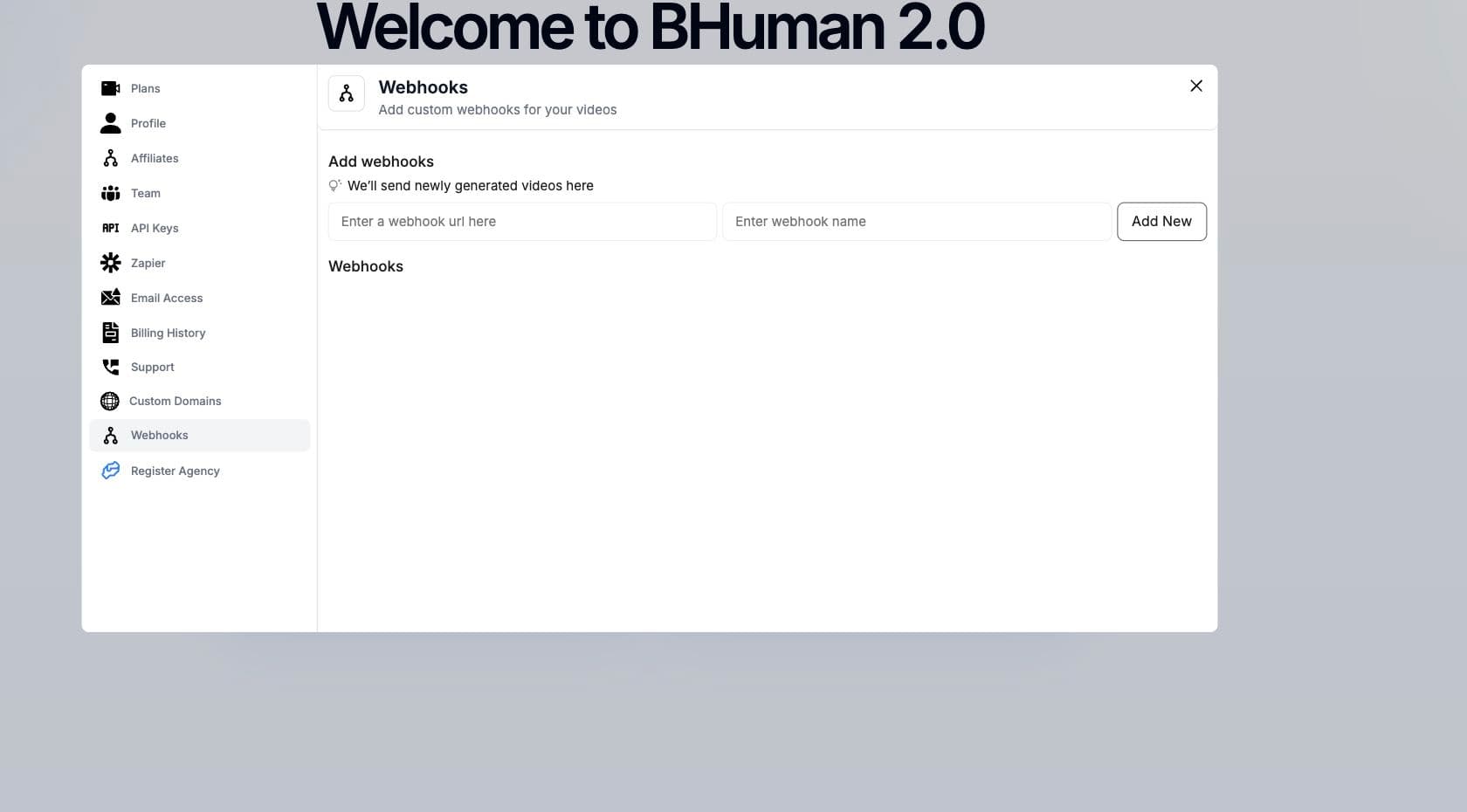 BHuman Settings Webhooks screen