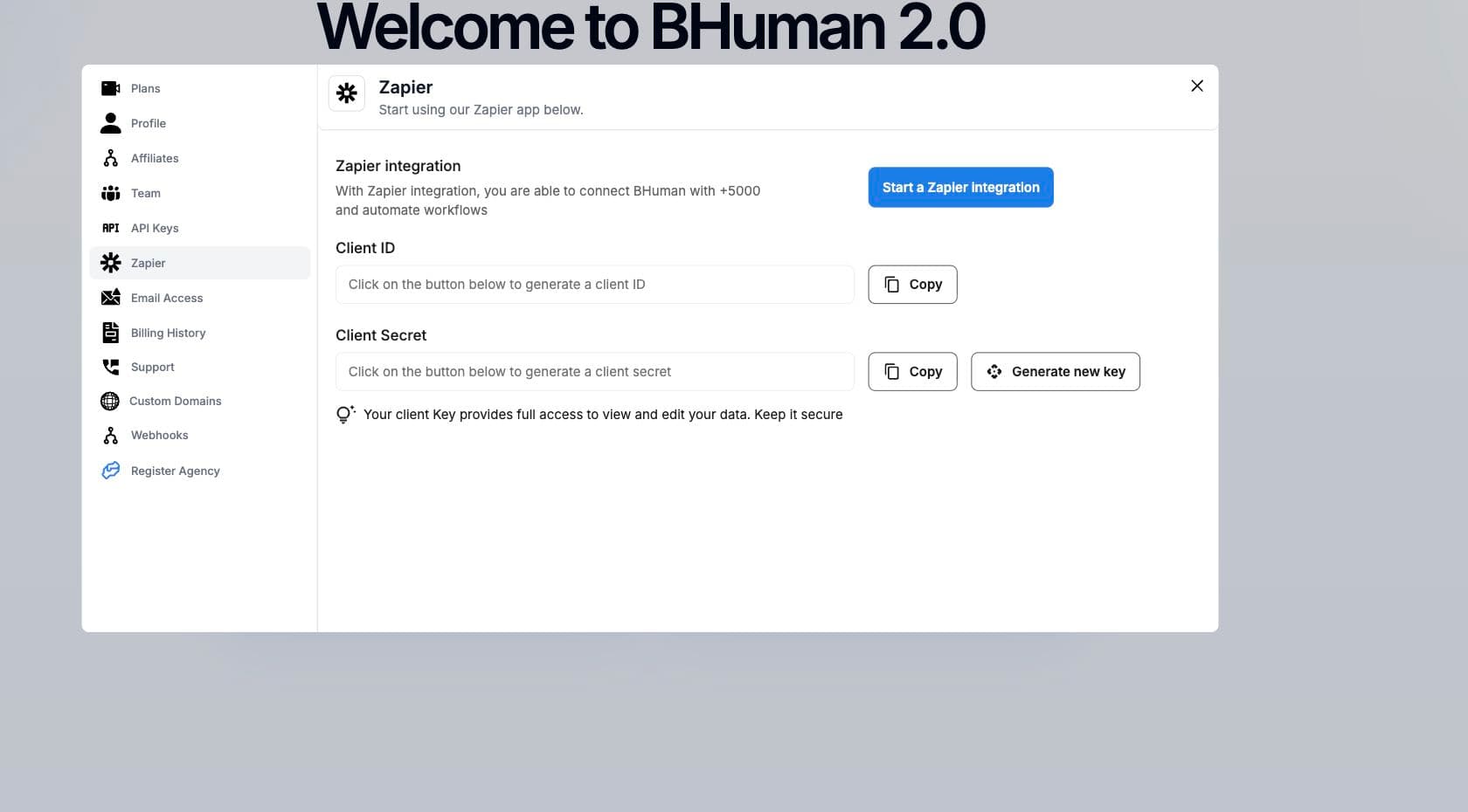 BHuman Settings Zapier screen