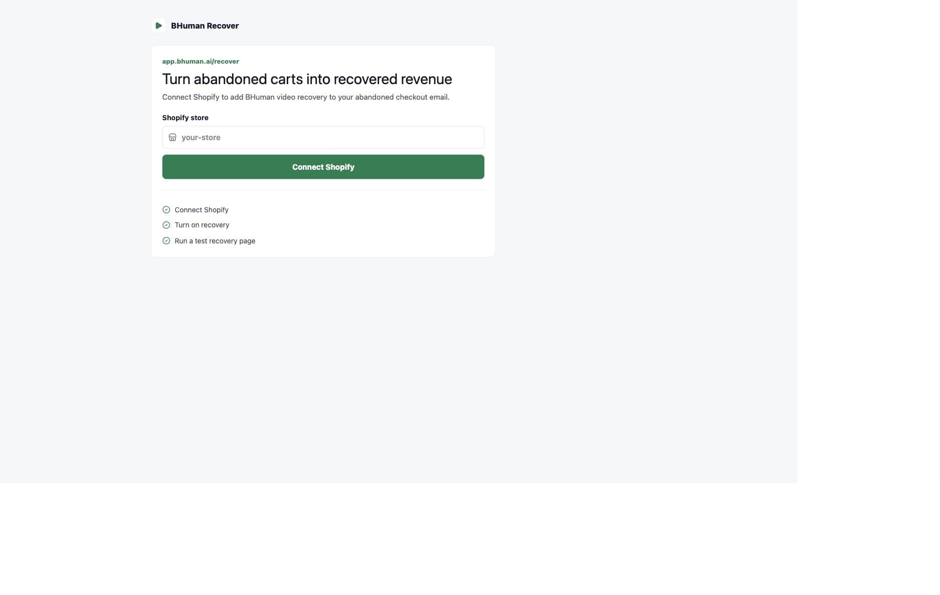 BHuman Shopify Recover setup screen