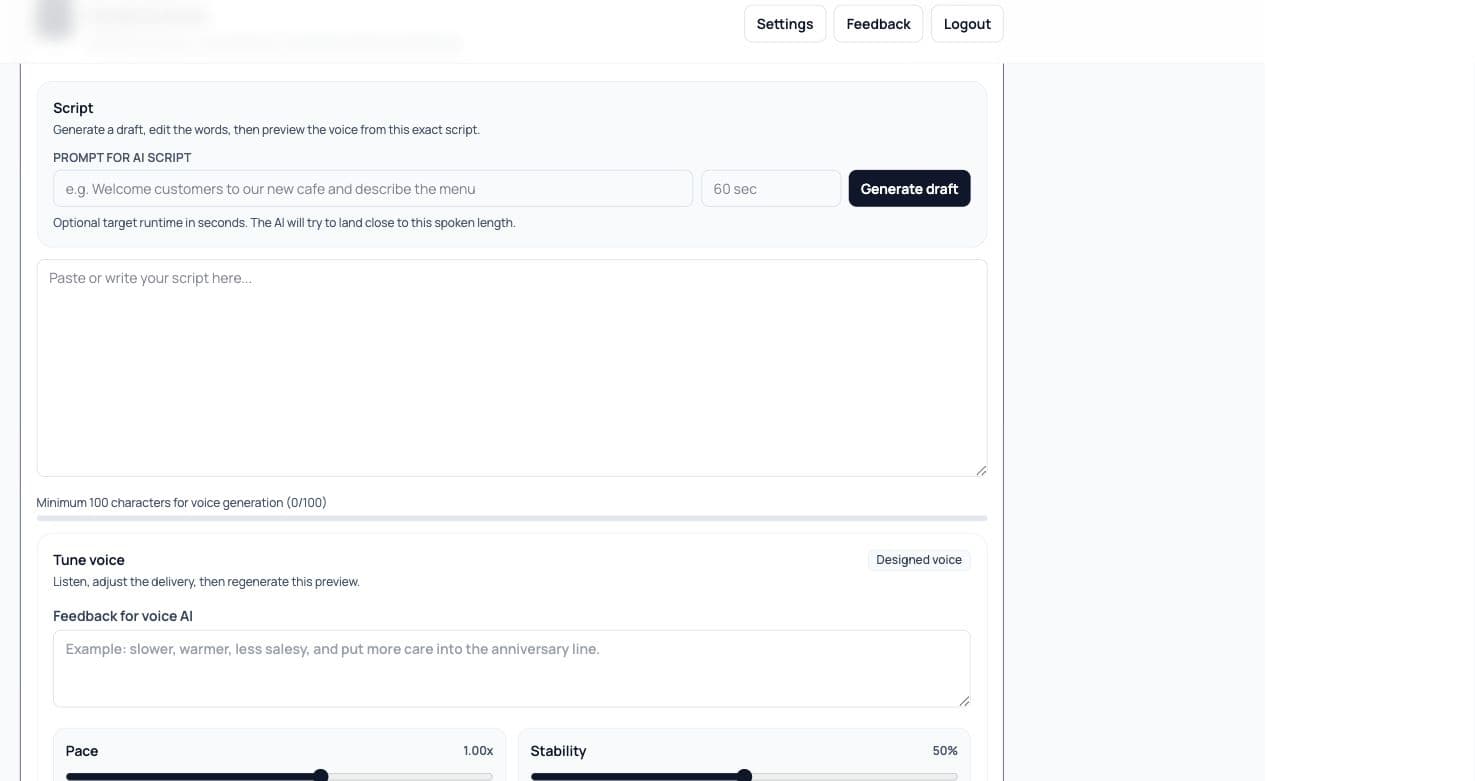 Speakeasy script editor and voice tuning controls