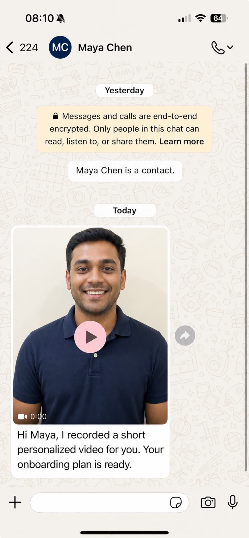 Illustrative WhatsApp conversation showing a personalized BHuman video for Maya