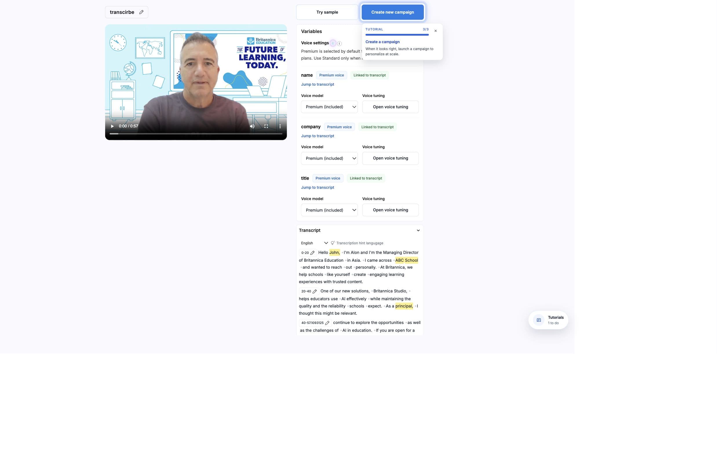 AI Studio voice settings in the template editor