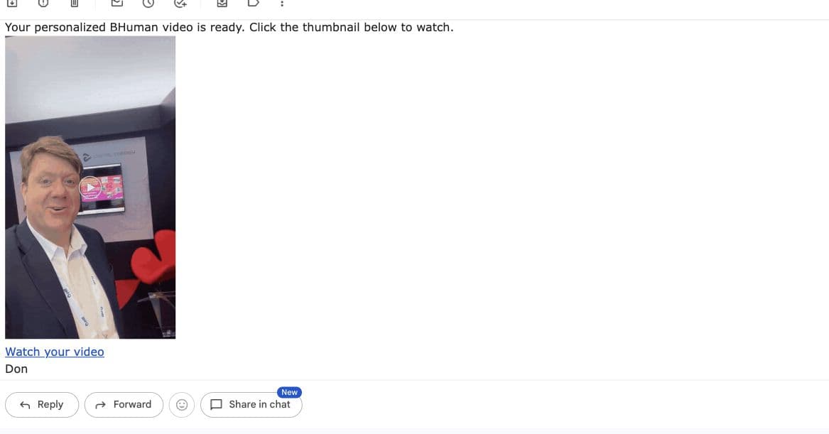 Received GHL email with an animated BHuman video thumbnail and a Watch your video text link