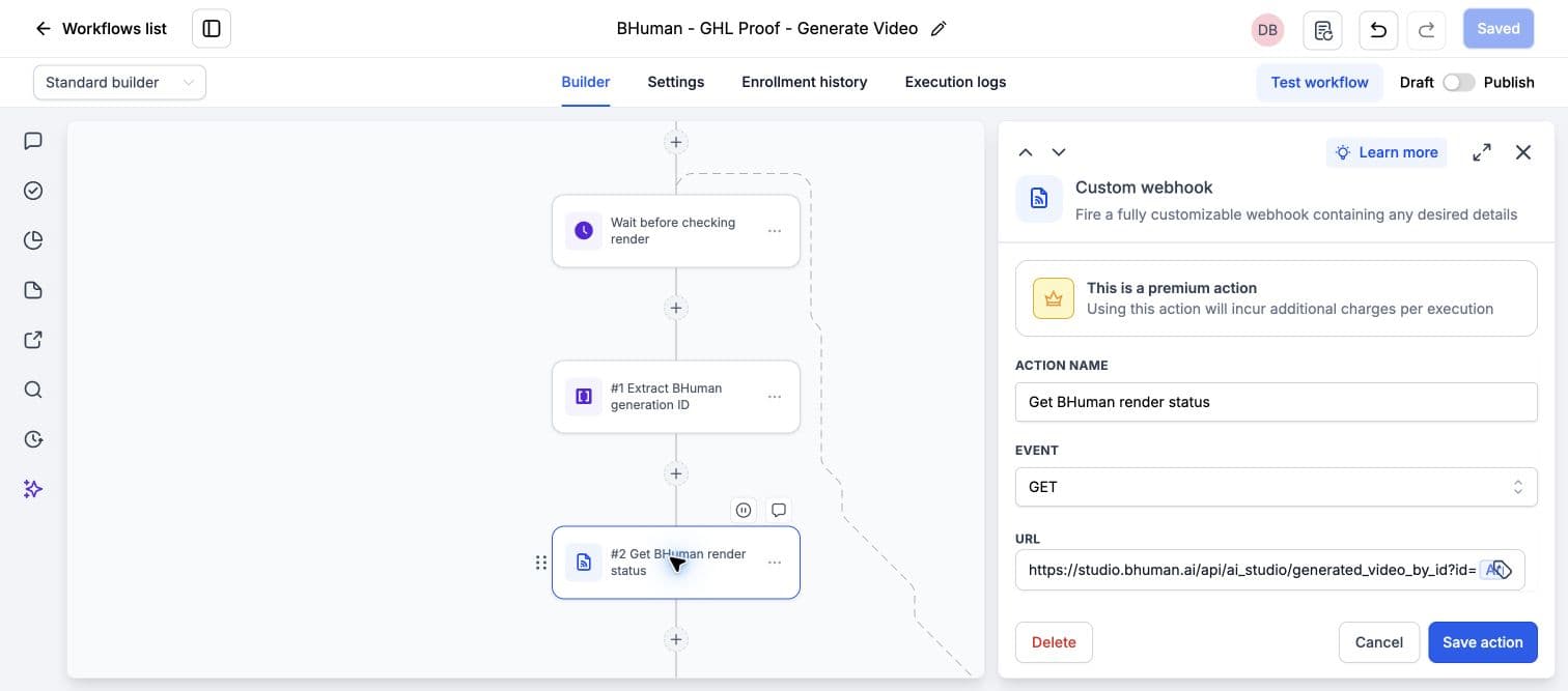 GHL status webhook after the wait and Array Formatter, using event GET and a dynamic video ID