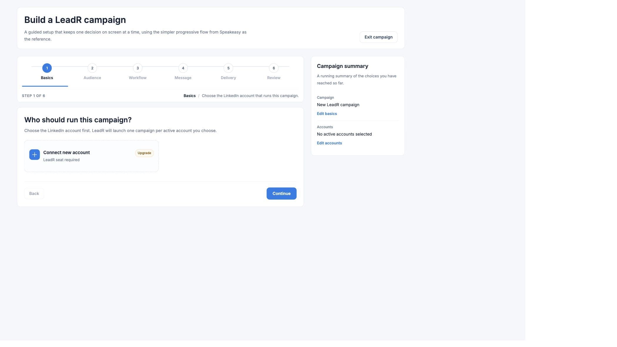 Leadr campaign builder showing the six-step workflow and campaign summary