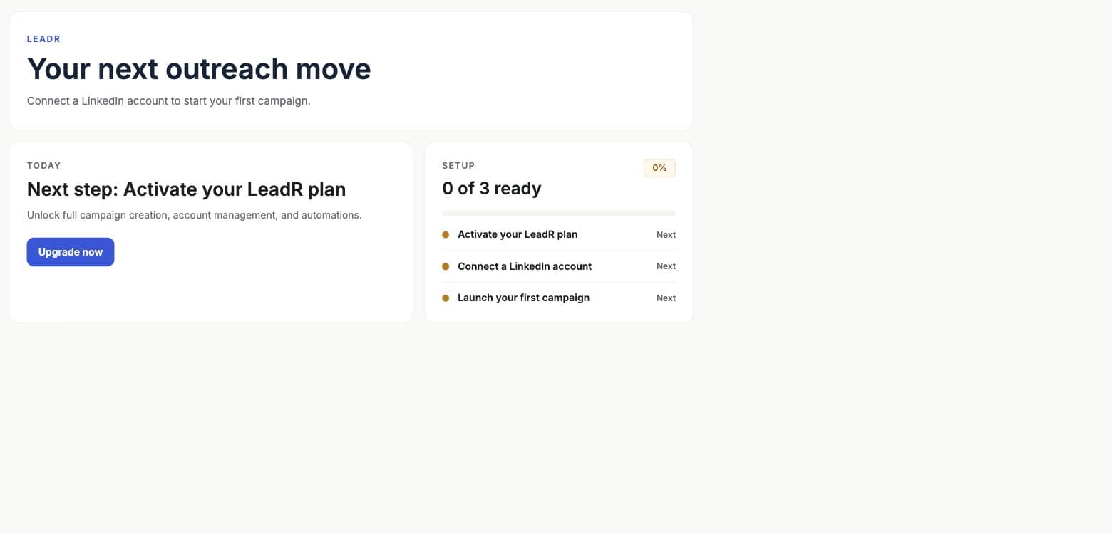 Leadr home setup checklist with plan, account, and campaign readiness