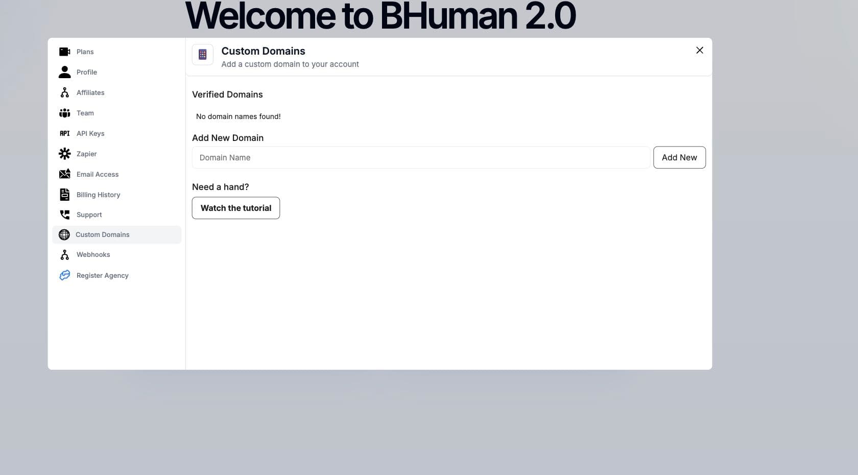 BHuman Settings Custom Domains screen