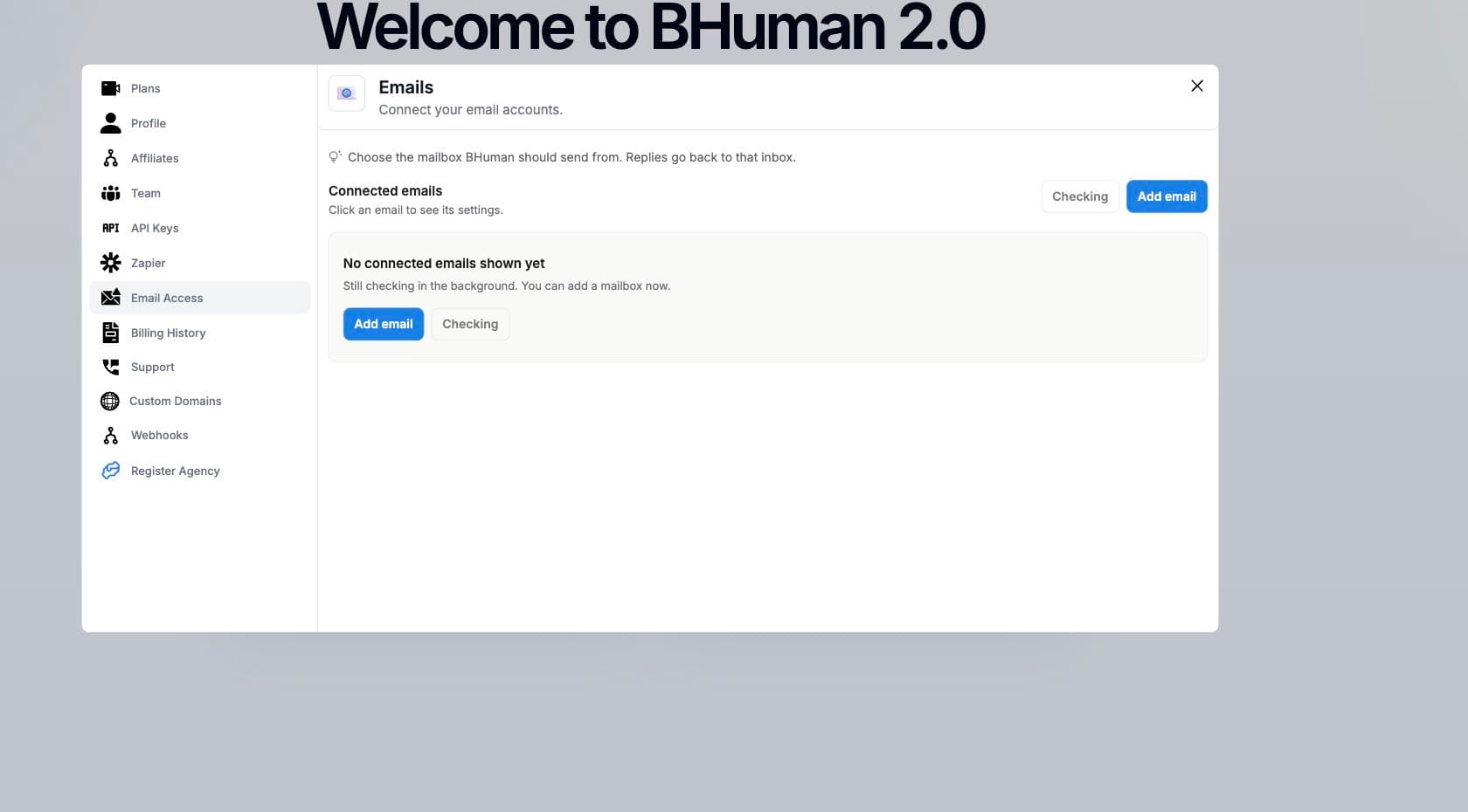 BHuman Email Access settings with connected email controls