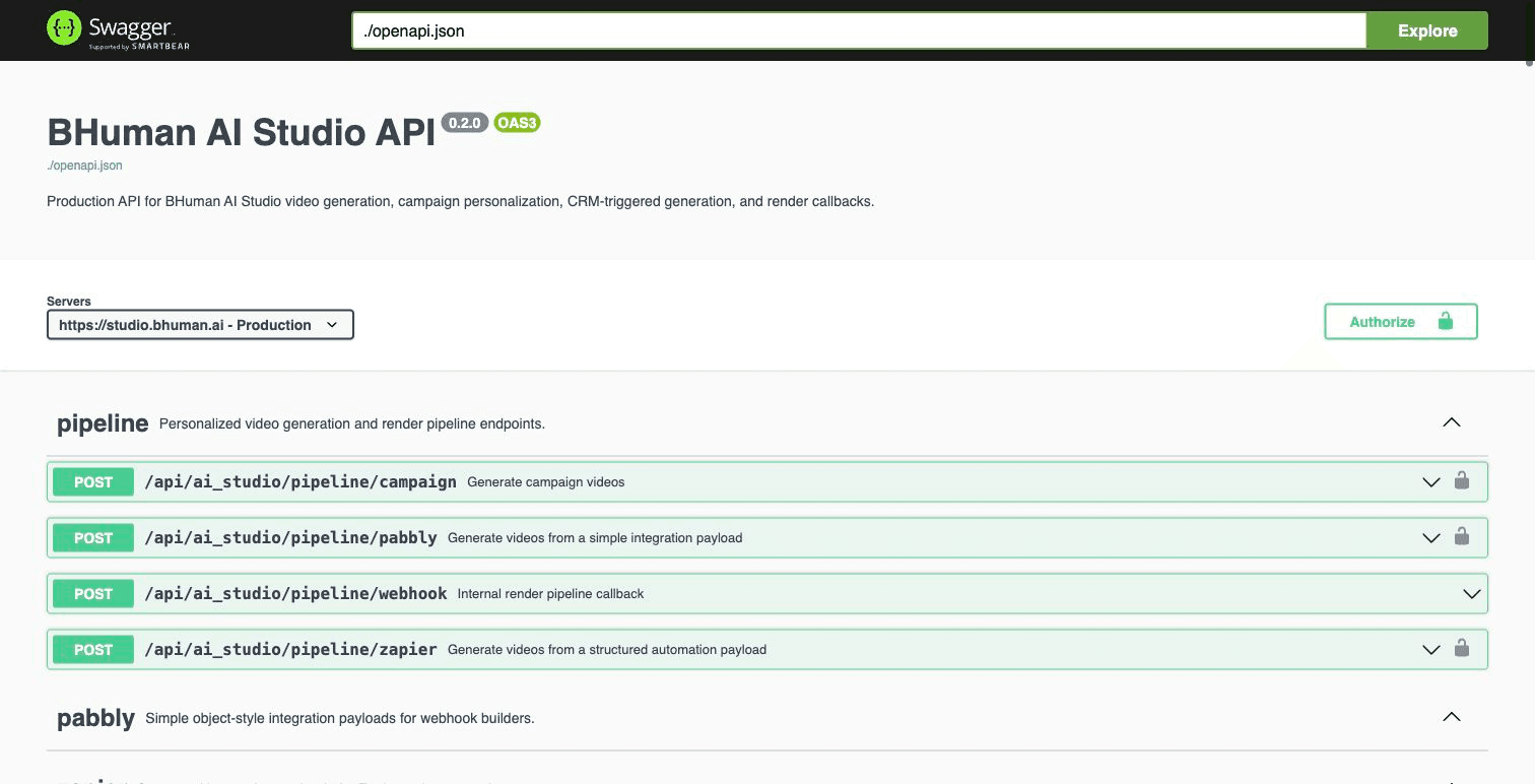 BHuman AI Studio Swagger UI