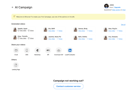 BHuman campaign screen showing rendered personalized videos and delivery options
