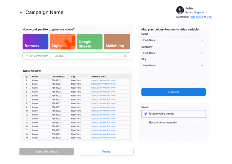 BHuman screen for mapping CSV or spreadsheet columns into personalized video fields