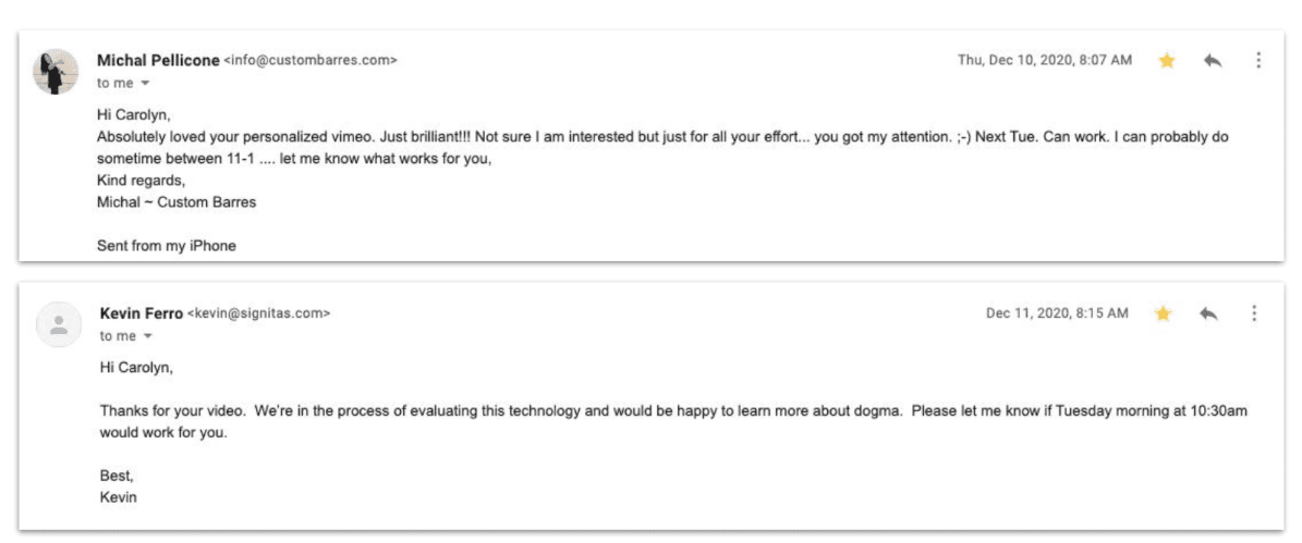 Screenshot of recipient replies to a BHuman personalized outreach campaign