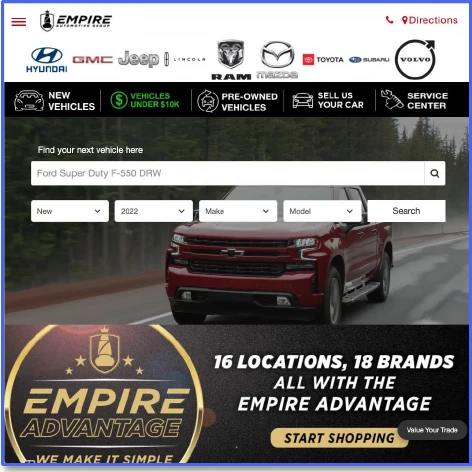 Empire Auto Group website shown in the customer campaign source